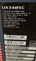 Back panel of a computer with model number UX3405C and technical specifications.