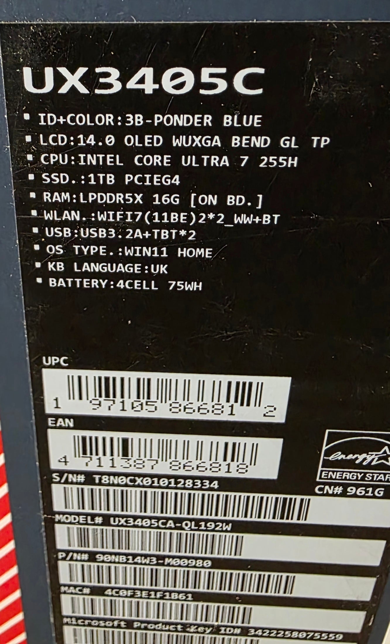 Back panel of a computer with model number UX3405C and technical specifications.