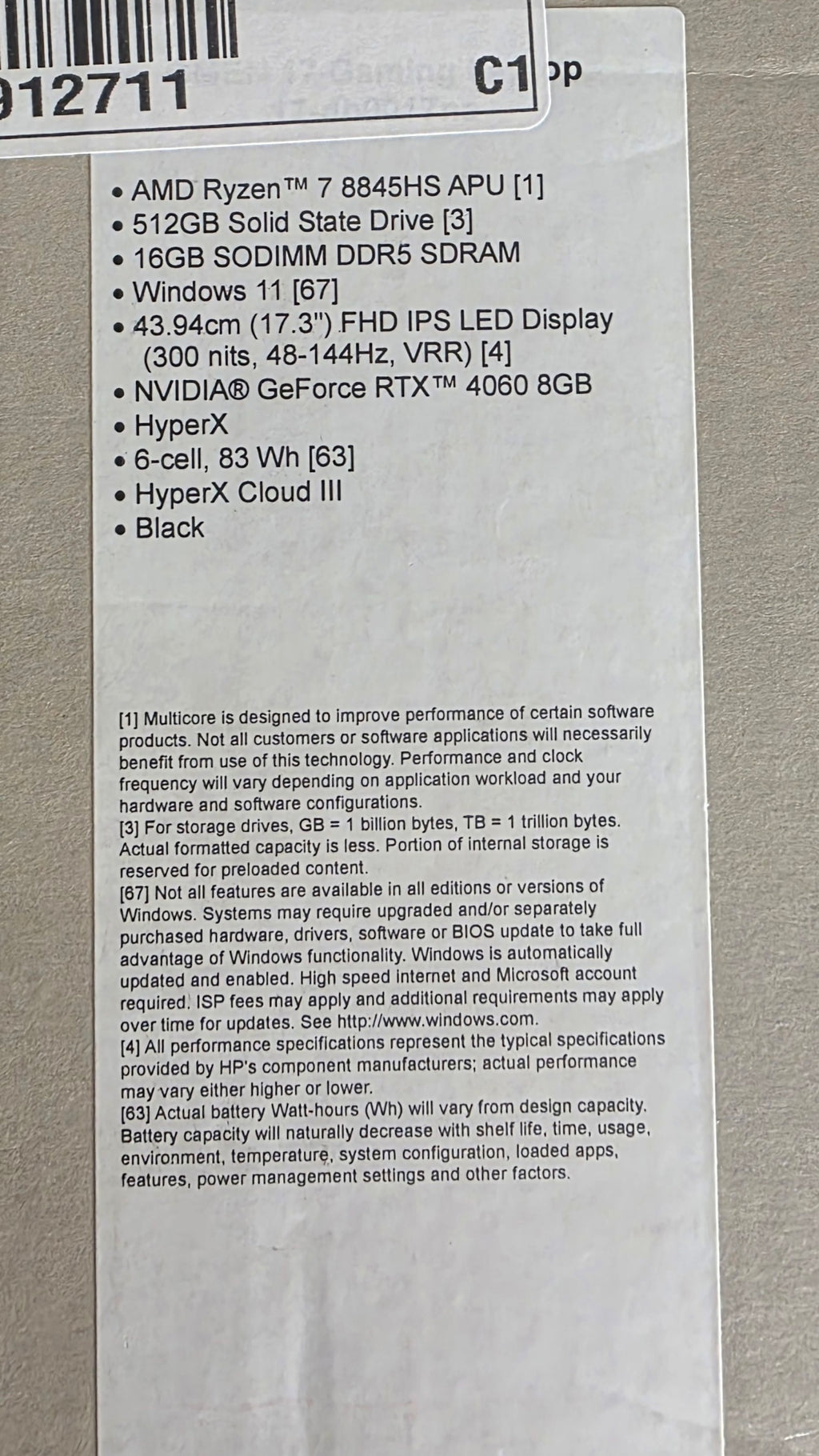 Product label with specifications on a gray background