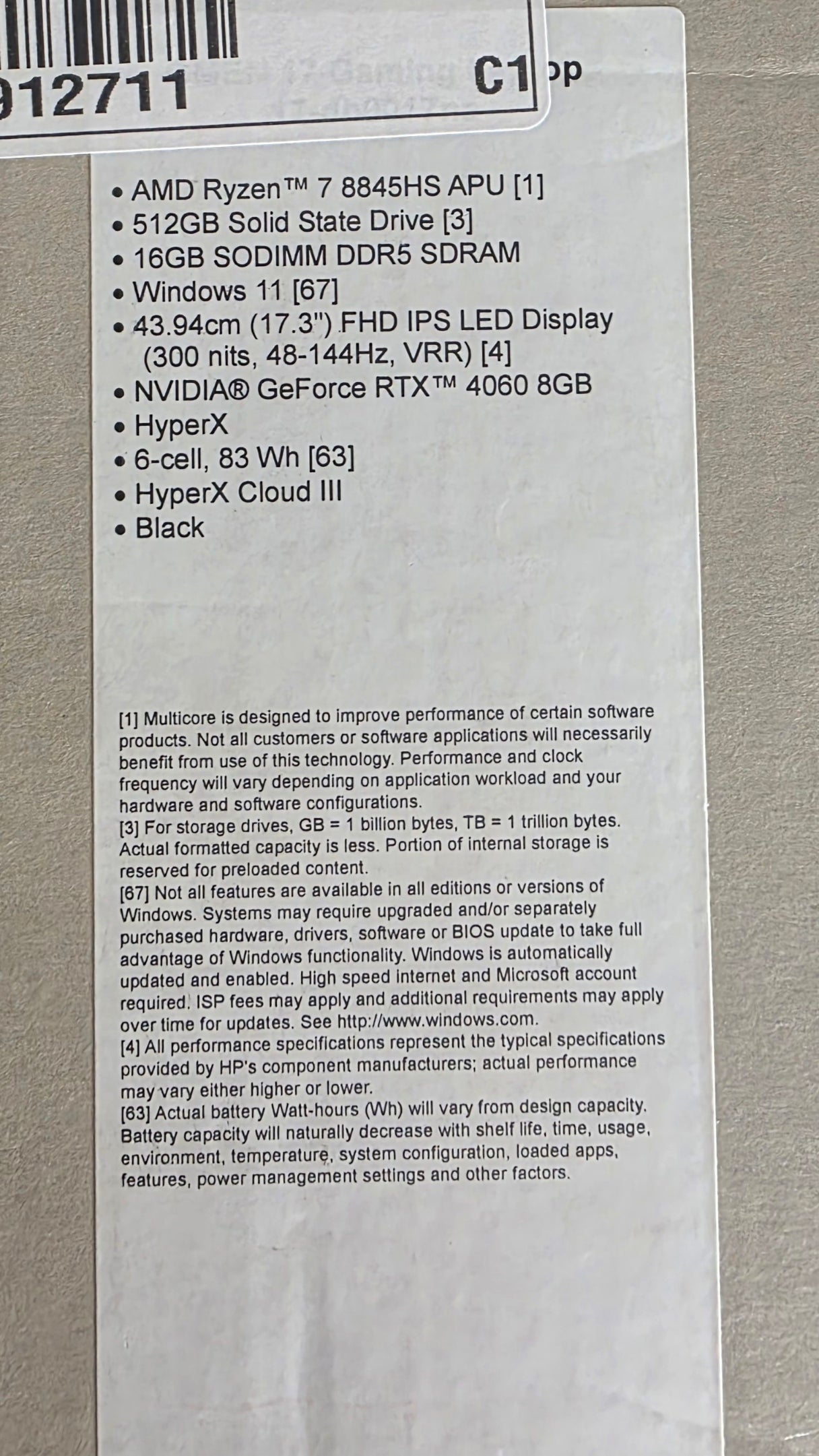 Product label with specifications on a gray background