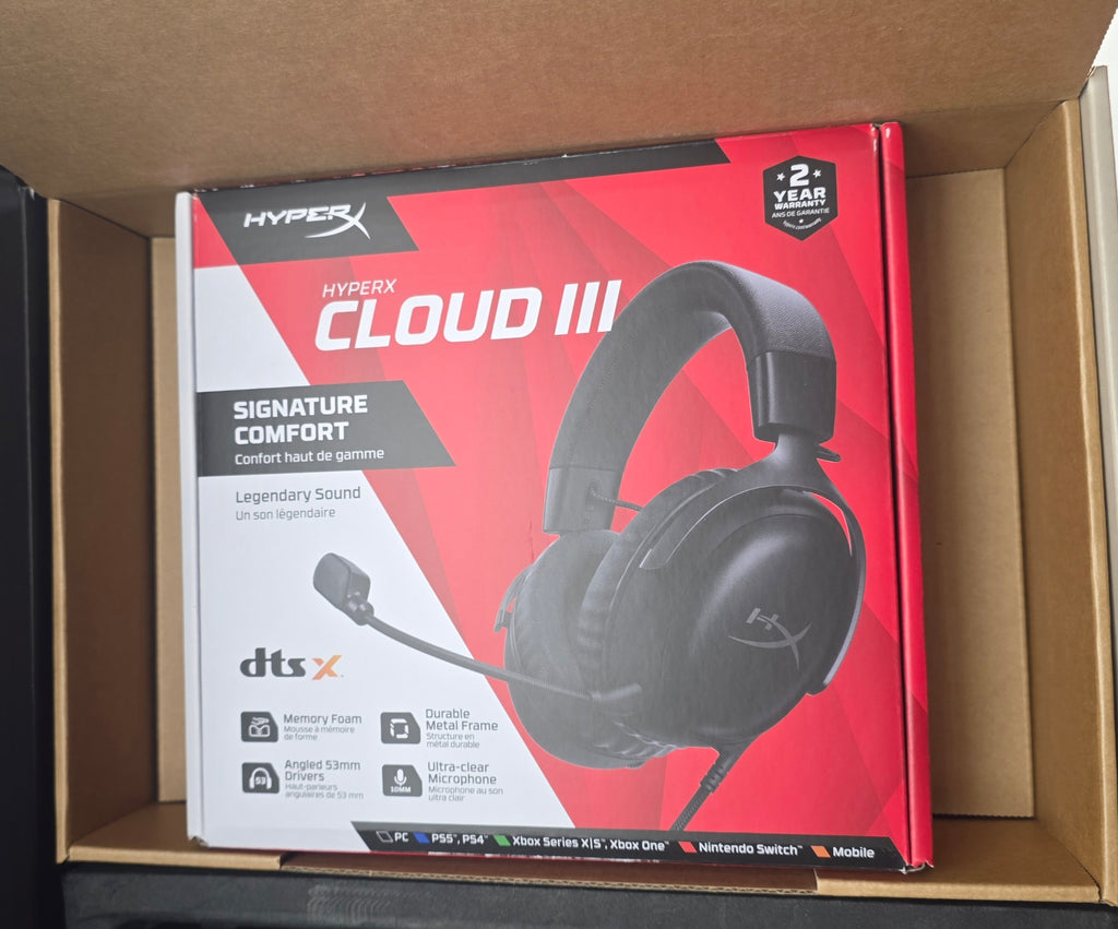 HyperX Cloud III gaming headset packaging in a cardboard box