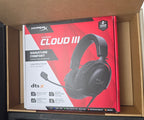 HyperX Cloud III gaming headset packaging in a cardboard box