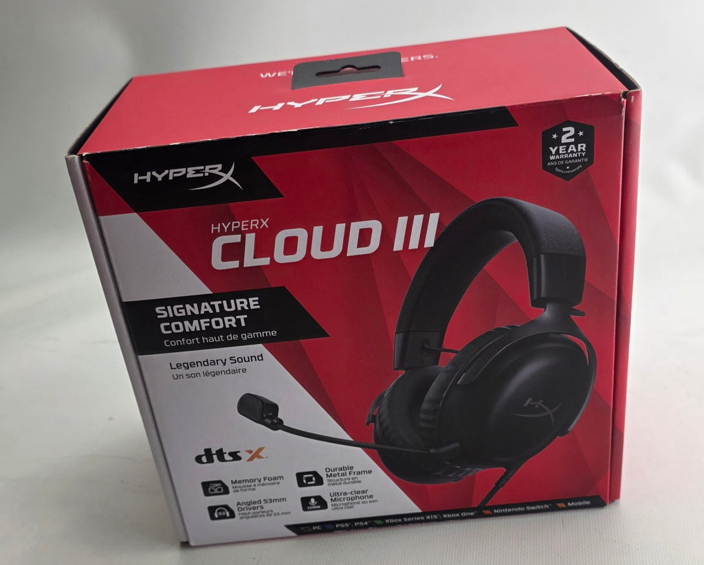 HyperX Cloud III gaming headset packaging on a white background