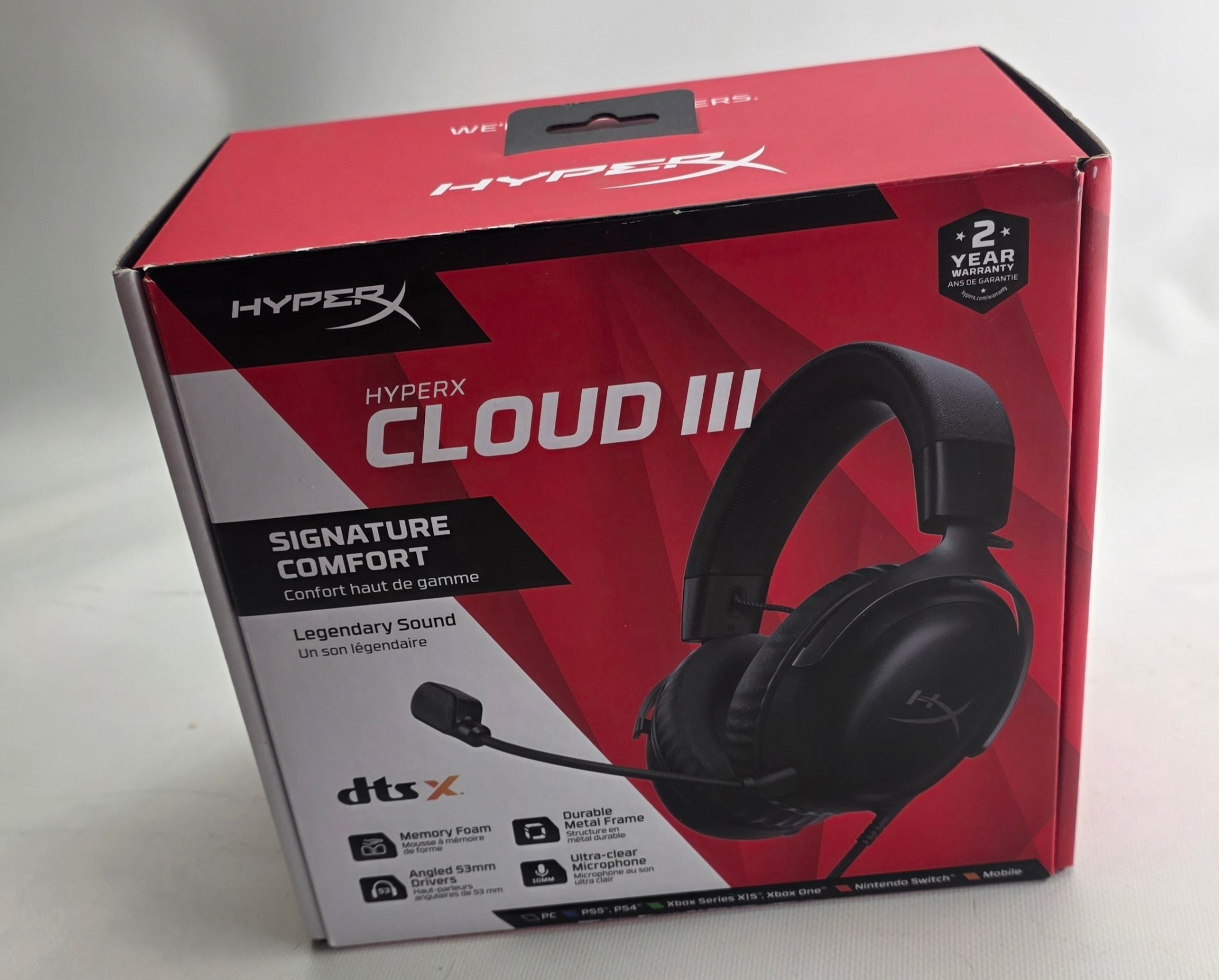 HyperX Cloud III gaming headset packaging on a white background