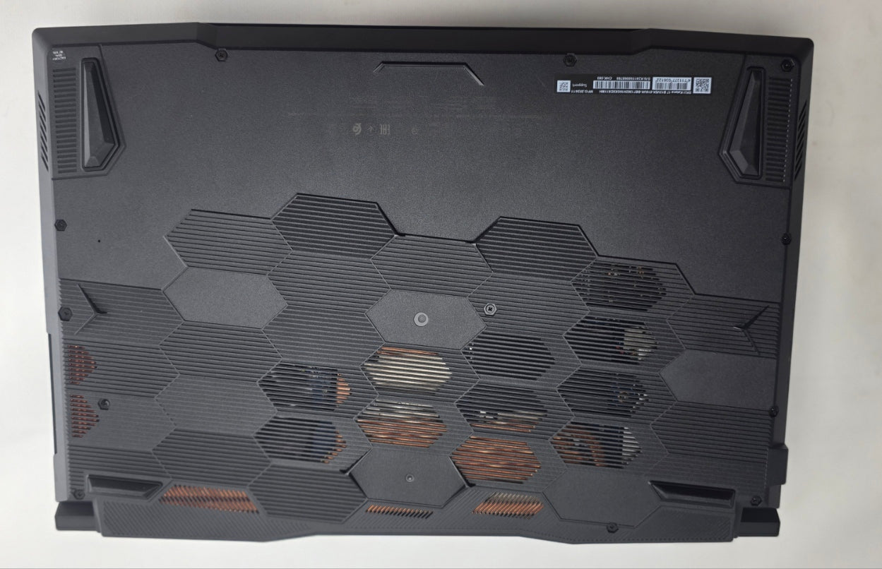 Back view of a laptop with cooling system on a white background
